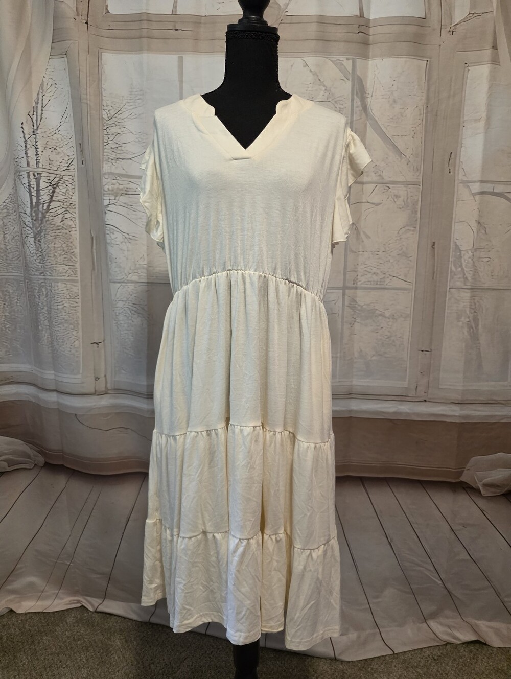 Women's Cream Tiered V-Neck Maxi Dress